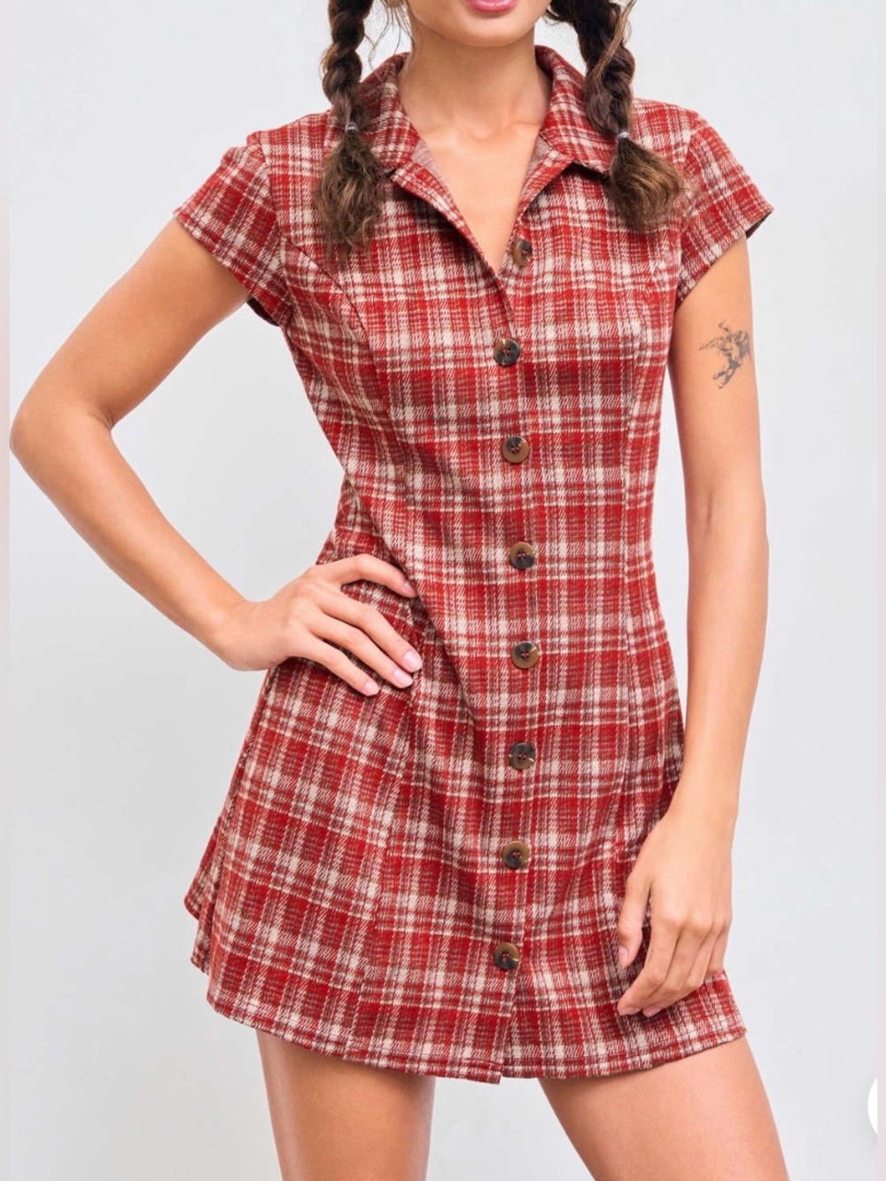 Cider Red Knit Fabric Collar Checks Button Down Mini Dress Size L